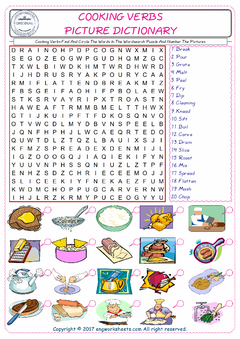  ESL wordsearch worksheets for kids, find Cooking Verbs words in the word wordsearch write its number on its picture English worksheet. 